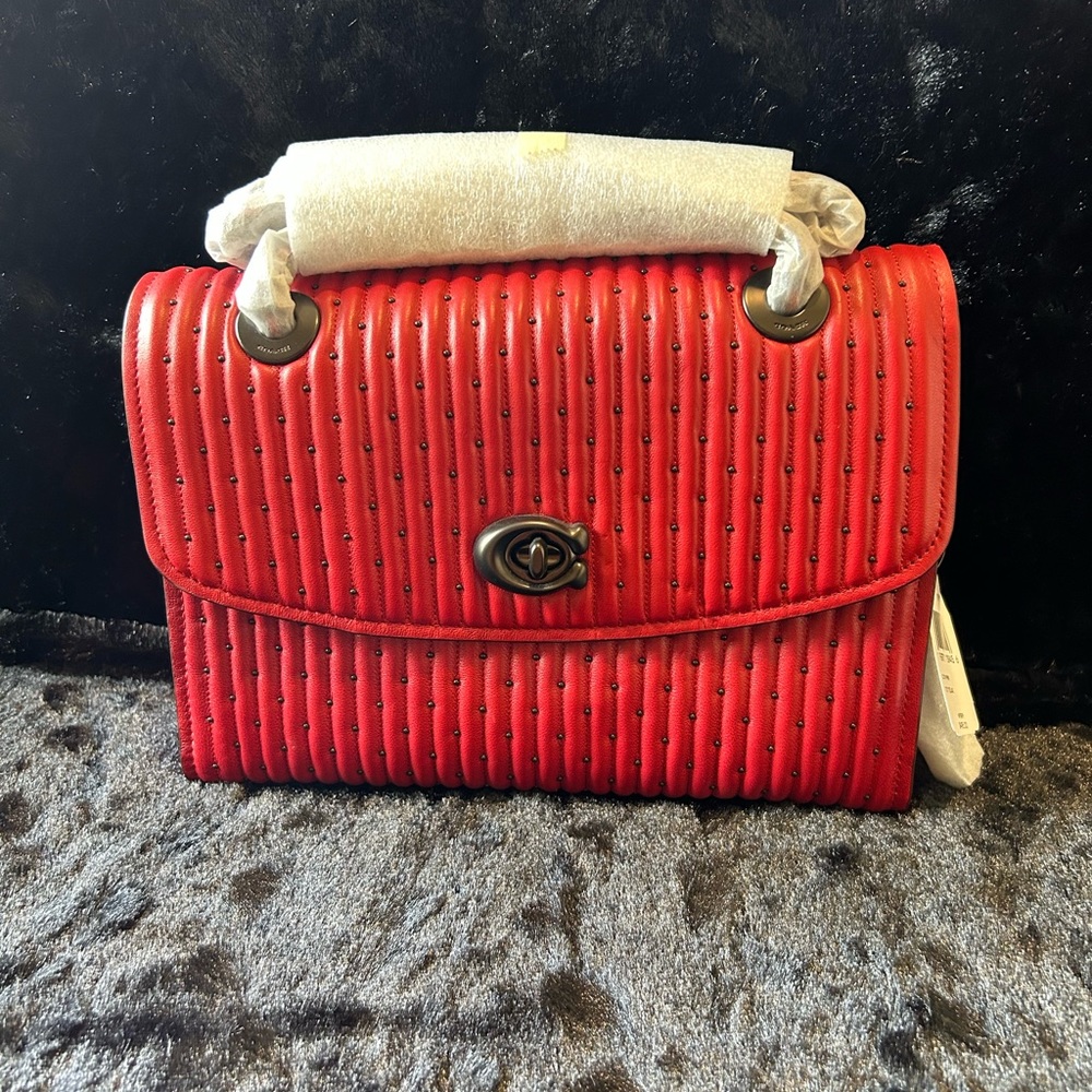 NWT Coach 76081 Parker With Quilting And Rivets/Leather in Red Apple Pewter $495